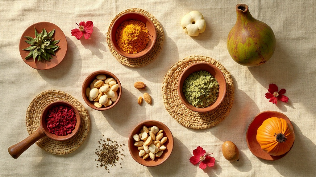 Assortiment à plat de produits naturels africains — bissap, baobab, moringa, karité, kinkéliba